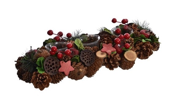 Kerststuk Met 3 Theelichthouders Dennenappels Bessen Mix Rood Sd Decorations