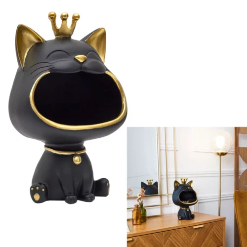 Sculptuur Kat met Kroon - Polyresin - Zwart/Goud - L16xB13,5xH25,5cm - Afbeelding 3