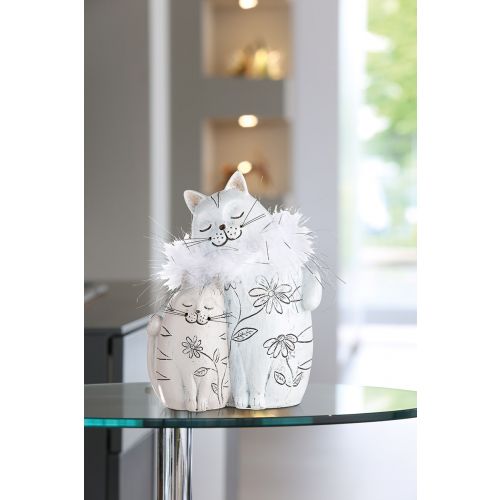 Decoratieve Cuddle Cats met Bloempatroon - Poly - Crème/Grijs - L14 x B8,5 x H20 cm