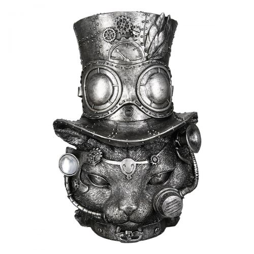 Sculptuur Steampunk Kat - Polyresin - Zilvergrijs - L14 x B15,5 x H22,5 cm
