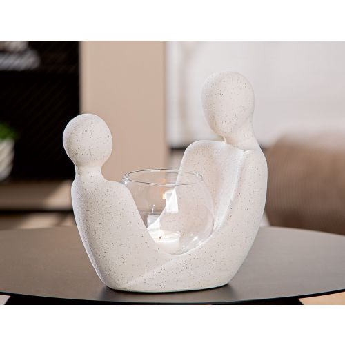 Theelichthouder Zittend Koppeltje - Keramiek/Glas - Wit/Transparant - L15xB11xH20cm