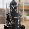 Theelichthouder Boeddha - Metaal/Glas - Mat Zwart/Transparant - Ø12xH21cm