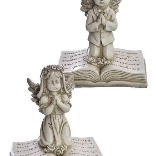 Engel Biddend op Boek Jongen/Meisje - Keramiek - Crème - Set van 2