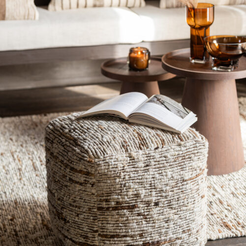 Poef - Geweven Wol - Ecru/Bruin - L45xB45xH45cm