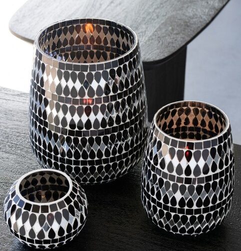 Alternative view of Theelichthouder - Mozaïek Glas - Zwart/Zilverkleurig - Ø17xH21cm
