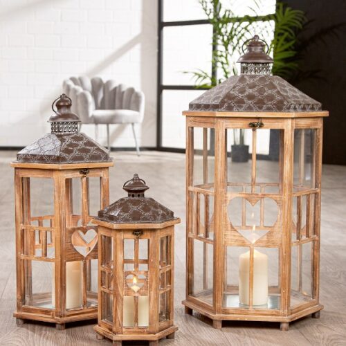 Lantaarn Corazon Hexagon - Hout/Metaal - Bruin - Set van 3