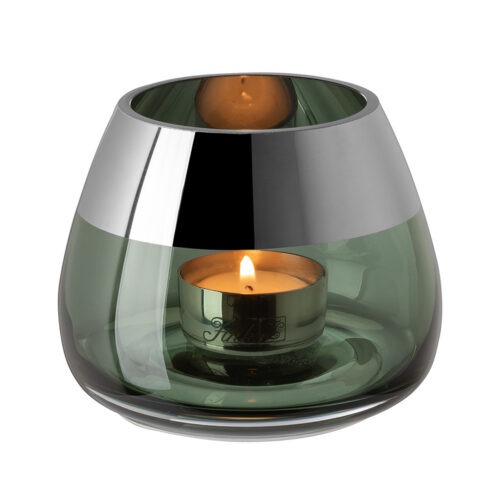 Theelichthouder Bella - Mondgeblazen Glas - Groen/Zilver - Ø11xH8,5cm