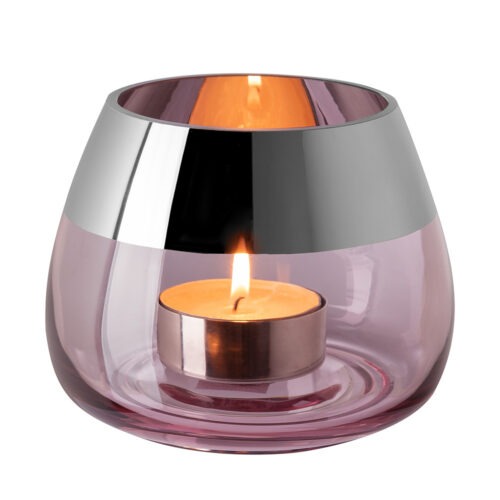 Theelichthouder Bella - Mondgeblazen Glas - Roze/Zilver - Ø15xH12cm