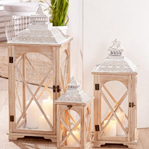 Lantaarn Fresno - Hout/Glas - Naturel - Set van 3