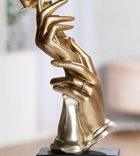 Sculptuur Hand met Roos - Polyresin - Goud - L17xB7,5xH29,5cm