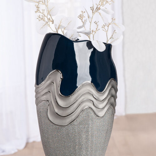 Vaas Wavy Conisch - Glanzend/Structuur Keramiek - Donker Blauw/Zilver - L22,5xB11xH39cm