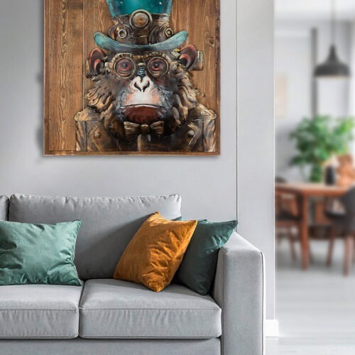 Schilderij Steampunk Aap 3D Optiek - Metaal/Hout - Bruin - Handgemaakt - L50xD5,5xH50cm