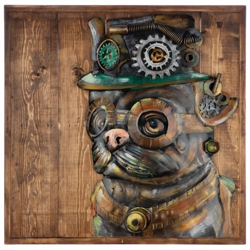 Alternative view of Schilderij Steampunk Hond 3D Optiek - Metaal/Hout - Bruin/Grijs - Handgemaakt - L50xD5,5xH50cm