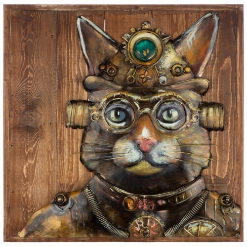 Alternative view of Schilderij Steampunk Kat 3D Optiek - Metaal/Hout - Bruin - Handgemaakt - L50xD5,5xH50cm