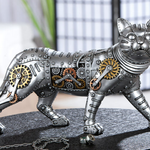 Sculptuur Steampunk Kat - Polyresin - Zilver/Goud - L35xB11xH23cm