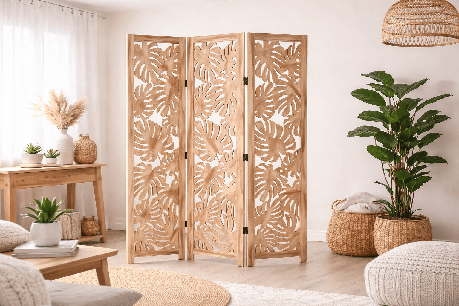 Kamerscherm met Palmbladeren 3-delig - Hout - Naturel