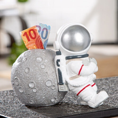 Spaarpot Astronaut - Polyresin - Structuur/Metallic Look - Grijs/Wit/Zilver- L19xB11,5xH16cm