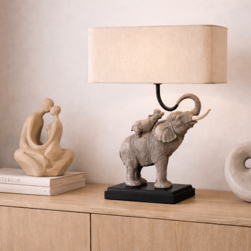 Tafellamp Olifant met Baby Olifant - Polystone - Grijs/Bruin - 21x14x36 cm