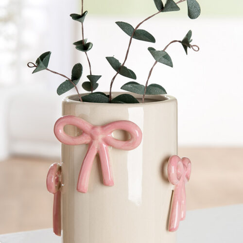 Vaas met Strikjes - Glanzend Keramiek - Crème/Roze - Ø12xH15cm